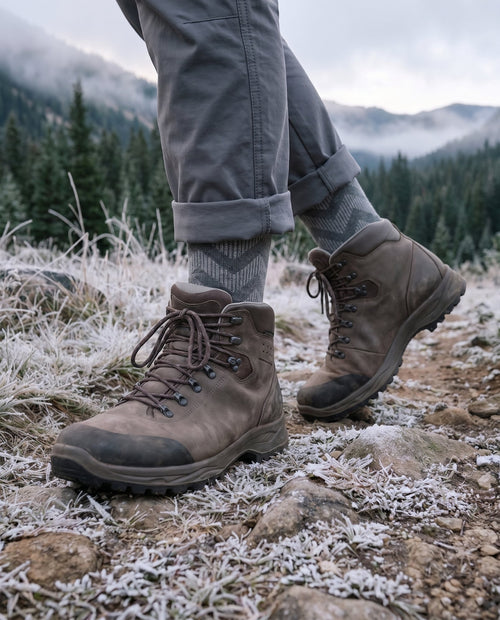 Randonneur en marche sur un sentier givré en montagne : chaussettes SERRA Haute grises à chevrons visibles au-dessus des chaussures de randonnée.