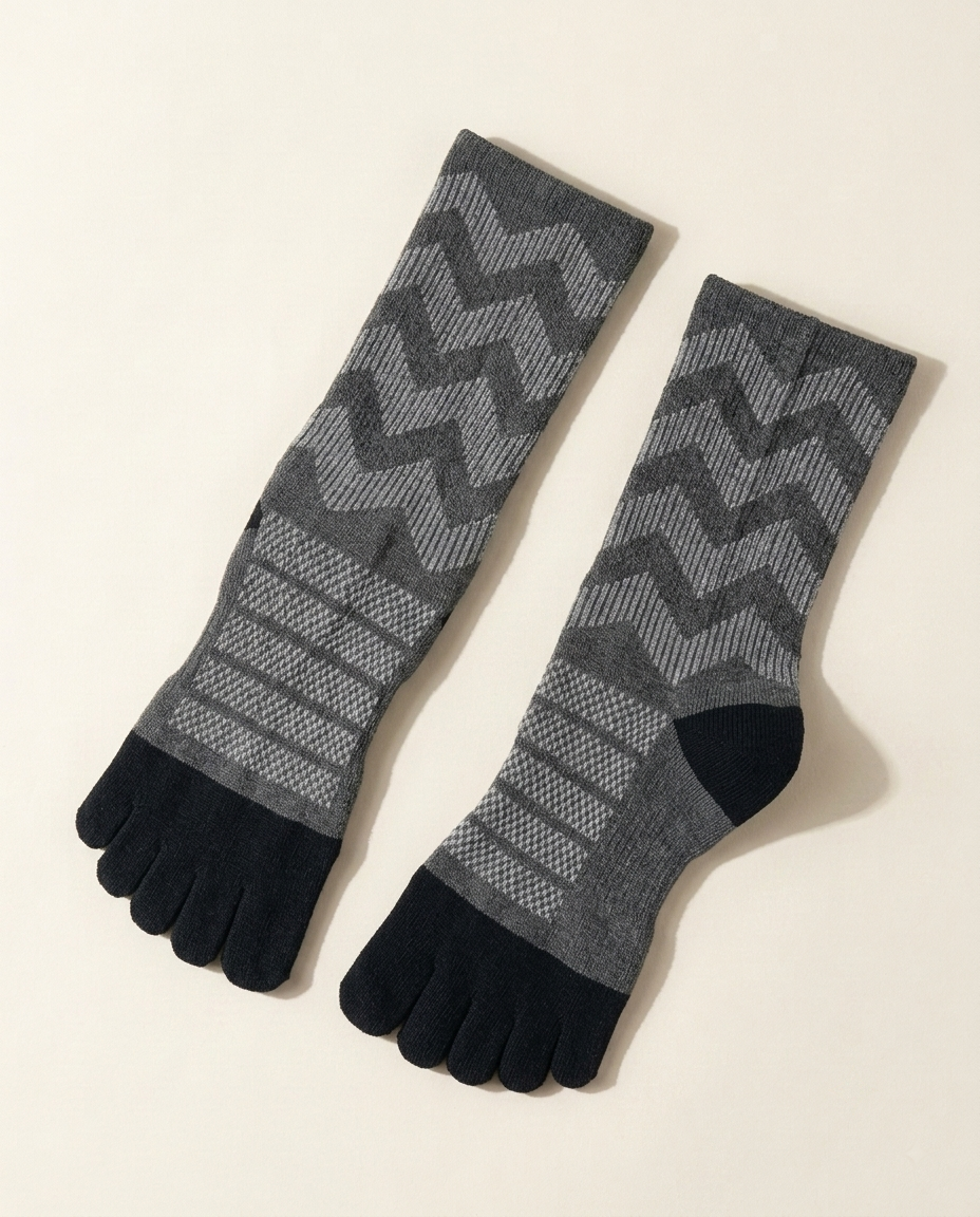 Paire de chaussettes SERRA Haute grises à motif de chevrons posée à plat, talons et orteils noirs.