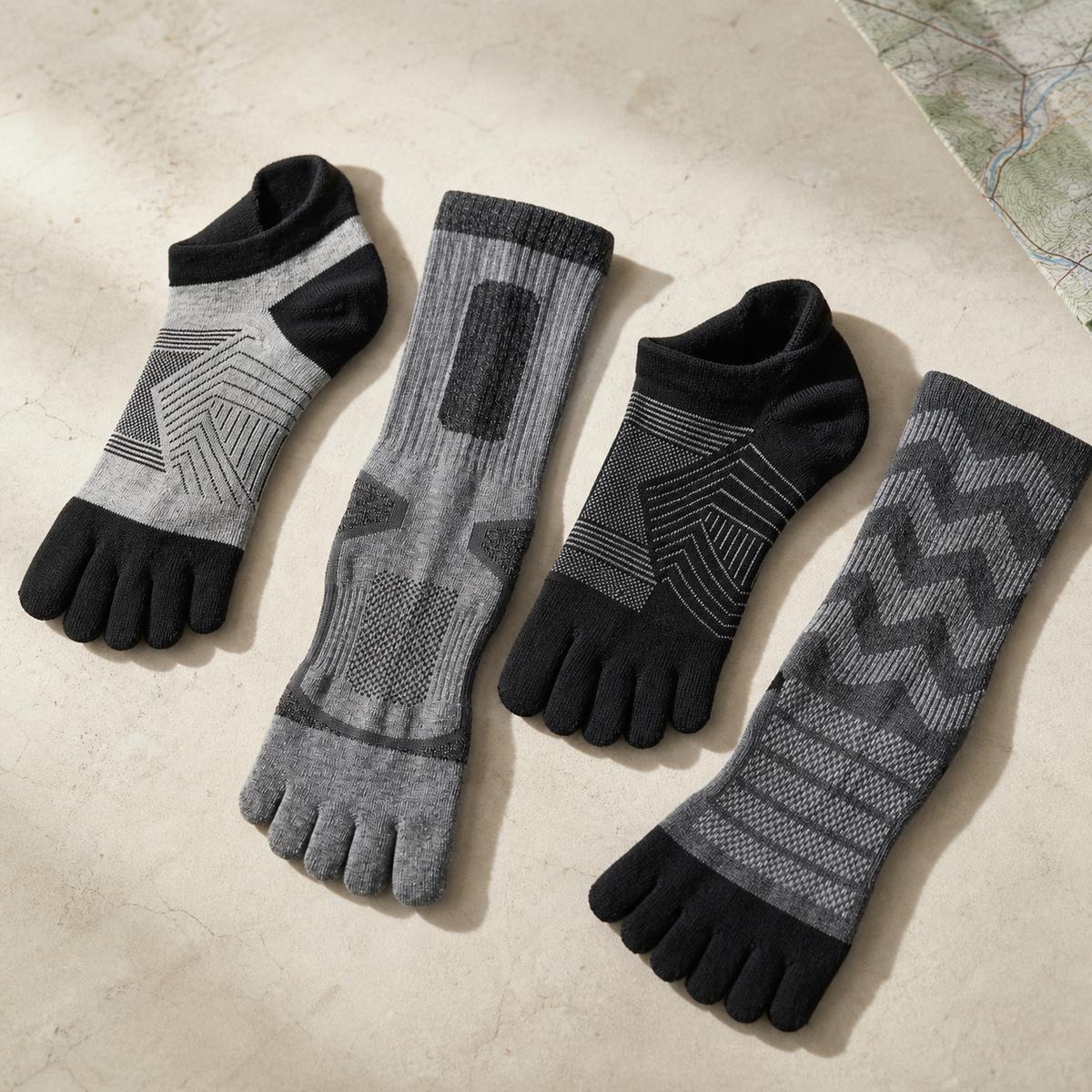 Quatre modèles de chaussettes à cinq orteils ARPIVIA pour la randonnée